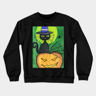 Black cat in purple witch hat on Jack o lantern gouache painting Crewneck Sweatshirt